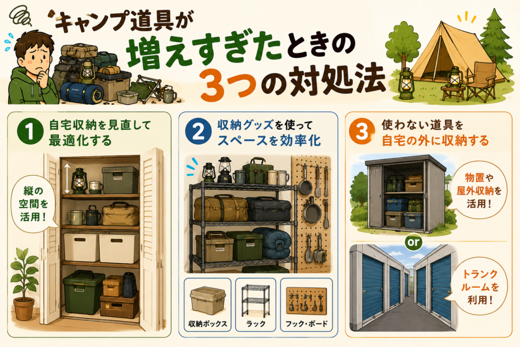 キャンプ道具が増えすぎたときの3つの対処法 ①自宅収納を見直して最適化する（縦の空間を活用！） ②収納グッズを使ってスペースを効率化（収納ボックス・ラック・フック・ボード） ③使わない道具を自宅の外に収納する（物置や屋外収納を活用！またはトランクルームを利用！）