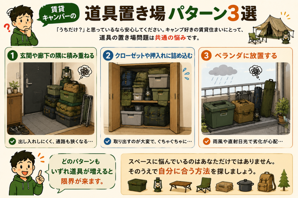 賃貸キャンパーの道具置き場 パターン3選 ①玄関や廊下の隣に積み重ねる ②クローゼットや押入れに詰め込む ③ベランダに放置する どのパターンもいずれ道具が増えると限界が来ます。スペースに悩んでいるのはあなただけではありません。そのうえで自分に合う方法を探しましょう。