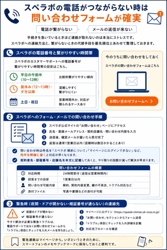 スペラボの電話がつながらない時は問い合わせフォーム、電話が繋がりやすい時間帯