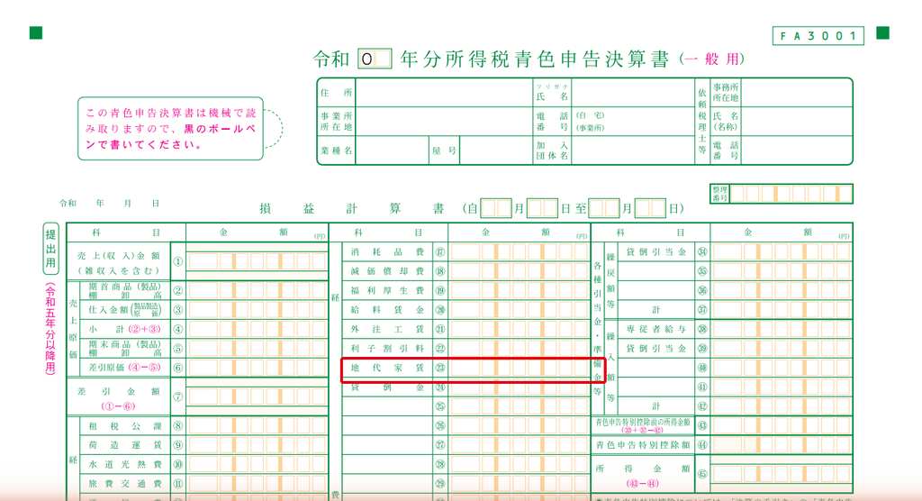 青色申告決算書1ページ目の地代家賃の記入欄