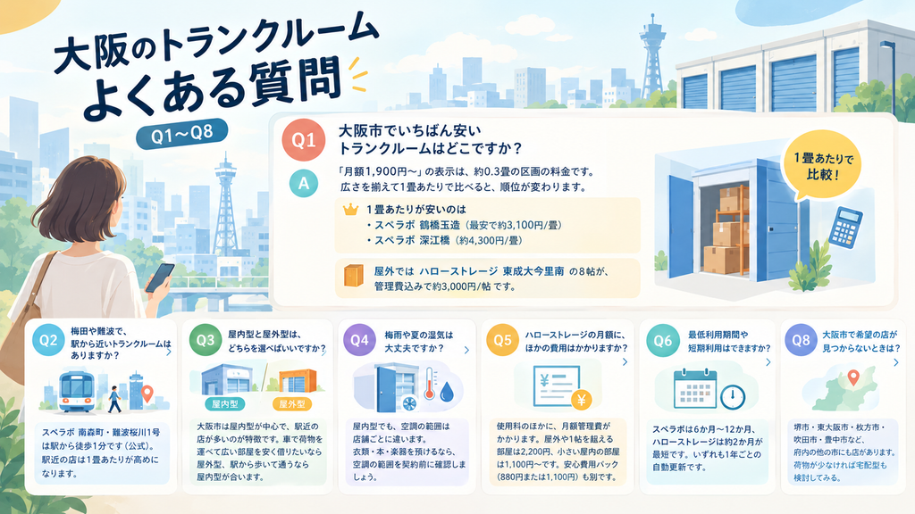 大阪のトランクルームのよくある質問のイメージ。安さ、駅近、屋内・屋外、湿気、追加費用、最低利用期間、解約、見つからないときの8項目